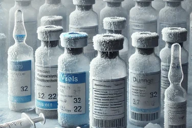 DALL·E 2025-02-06 14.25.36 - A highly realistic image of frozen pharmaceutical products, such as vials and syringes, stored on an icy surface. The vials contain clear and colored